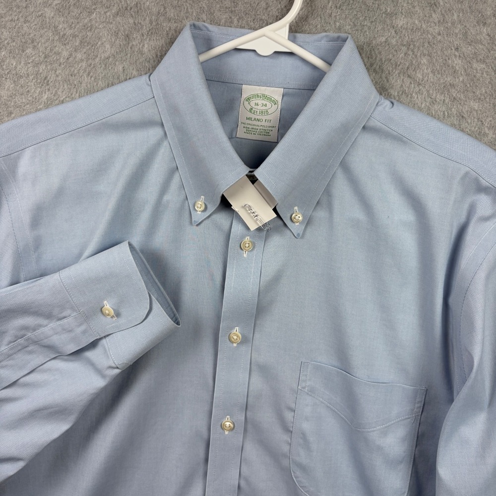Brooks Brothers Shirt Mens 16 34 Blue OCBD Oxford Supima Stretch Milano Non Iron